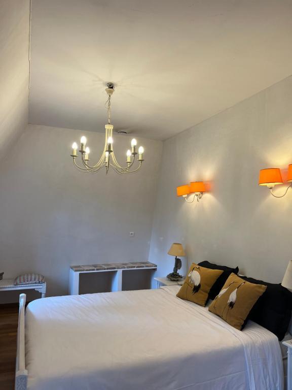 Une chambre confortable équipée d'un lit king size, avec deux coussins présentant des motifs de cigogne. Font Valley, gîtes à la ferme.